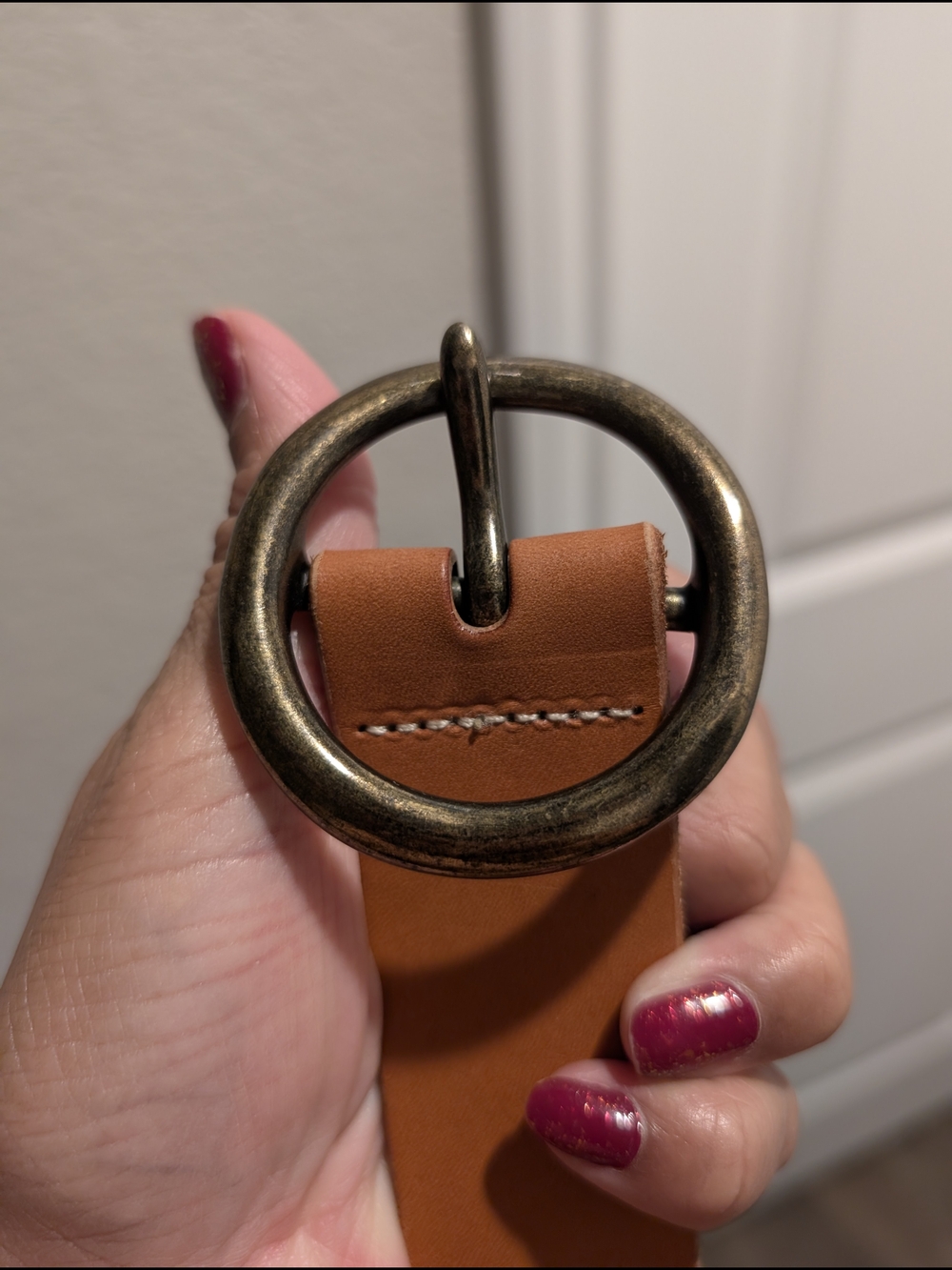 GAP Brown Leather Belt with Round Antique Brass Buckle